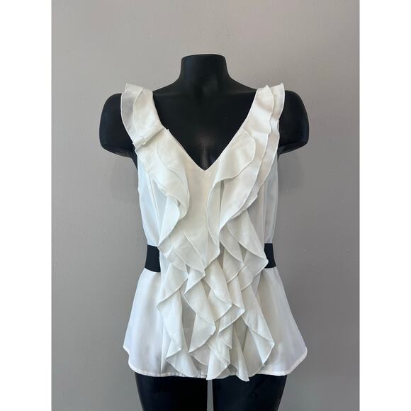 Bebe Sleeveless Blouse Sz S Ruffle V-Neck Zip Back Cream/Black Y2K Classic Glam - Picture 1 of 7